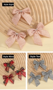 Detailed views of checkered and burlap Christmas bows for festive wreath decorations
