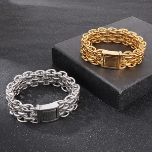 Bracelet double rangée pour homme en acier inoxydable or et argent avec fermoir carré