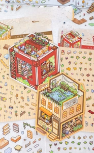 Macro detail of PET architectural stickers with coffee shop and miniature house designs