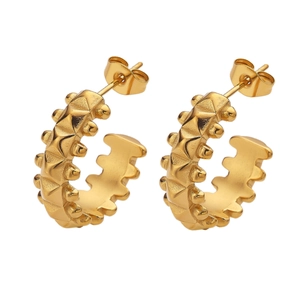 Gold stainless steel hoop earrings with textured stud design on white background