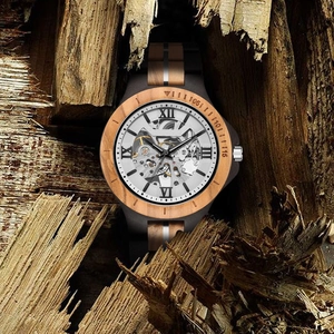 Macro detail of skeleton wooden mechanical watch with visible gears and Roman numerals