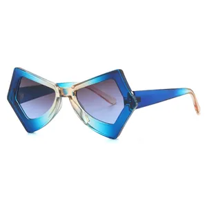 Blue and orange gradient butterfly frame sunglasses with purple tinted lenses for women