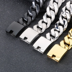 Detailed close-up of Cuban link bracelets in black, silver, and gold vacuum plating