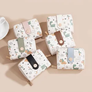 Short PU leather wallets with cartoon dinosaur prints and colorful snap closures