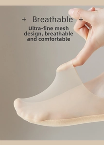 Close-up of thin beige no-show socks with breathable mesh and high elastic fabric