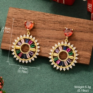 Detail of colorful zircon heart earrings with rainbow ring charms and 2.8x2.0cm dimensions
