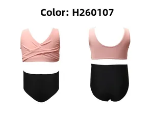 Front and back view of girls' two-piece swimsuit with pink wrap top and high-waisted bottoms