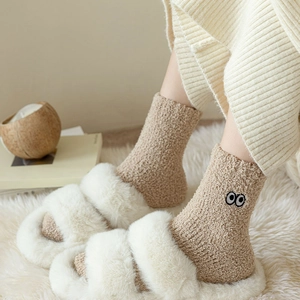 Japanese style coral fleece crew socks with eye embroidery and plush slippers