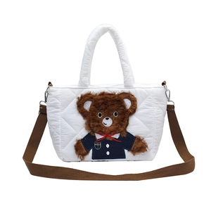 White quilted teddy bear handbag for girls with plush brown bear and brown shoulder strap