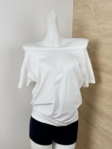 Detail view of white off-the-shoulder short sleeve T-shirt with slouchy draped design