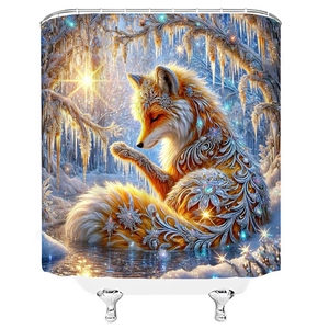 3D digital print bathroom shower curtain featuring a mystical winter fox and forest design