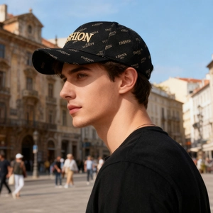 Fashion baseball cap with gold embroidery and prints shown on a model in urban setting