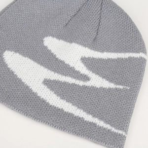 Gray knitted beanie with white abstract patterns for autumn and winter outdoor warmth