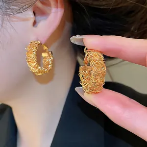 Chic 18K gold plated woven textured hoop earrings for daily commute fashion look