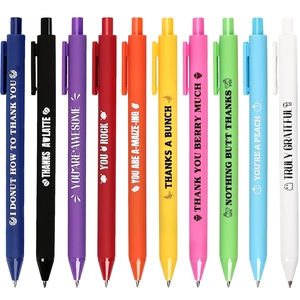 Rainbow set of 10 retractable neutral pens with pun slogans on white background