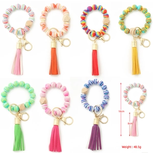 Silicone bead keychain bracelet set with wood beads and tassel in multiple colors