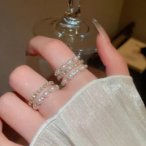 Elegant Multilayer Open Ring For Women Adjustable Copper Jewelry With Imitation Artificial Pearls And Zircon Fashion Light Luxury