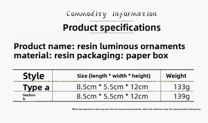 Detailed size specifications for resin glowing Christmas ornaments with dimensions and weight