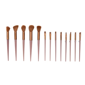 13-piece professional makeup brush set with brown bristles and beige tapered handles