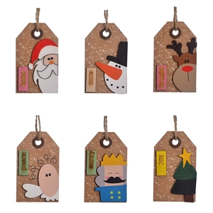 Set of 6 rustic wooden Christmas tags featuring Santa, Snowman, Deer and Angel icons