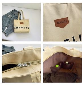 Detailed views of canvas tote bag showing zipper, inner pockets and letter print logo