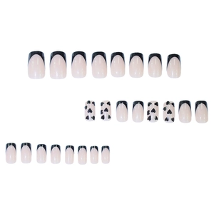 Classic black French press-on nails with heart designs, set of 24 pieces in various sizes