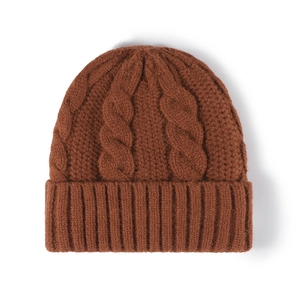 Women's warm cable knit beanie hat in coffee brown with thick ribbed cuff for winter