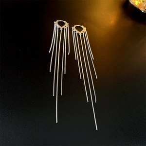 Detailed view of silver heart tassel earrings with metallic chains on a black texture