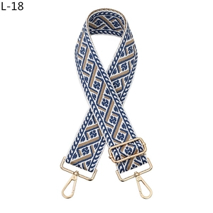 Close-up of vintage jacquard bag strap with geometric patterns and gold metal hardware