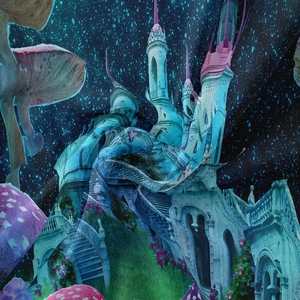 Detailed fabric texture of fantasy tapestry featuring fairy tale castles and purple mushrooms