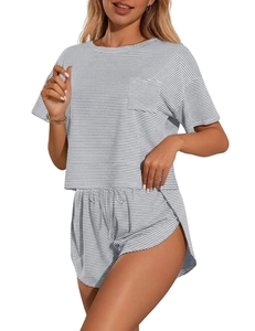 Detail of grey striped pajama set with crew neck pocket top and side slit shorts