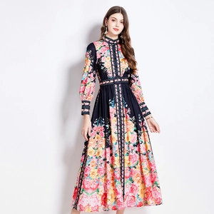 Floral mandarin collar maxi dress with long sleeves and belted waist on white background
