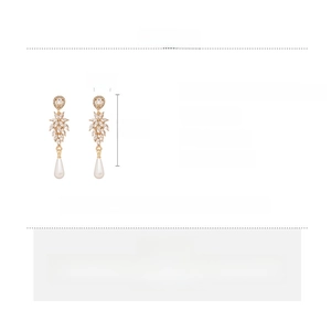 Detail specifications of leaf and pearl drop earrings showing materials and dimensions