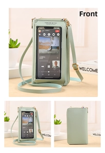 Detail view of touchscreen crossbody phone bag with transparent window in light green