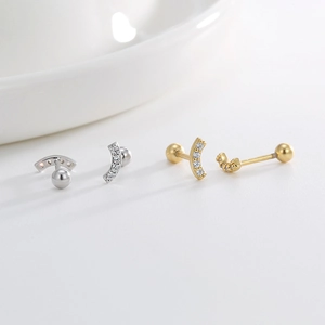 Minimalist S925 silver curved stud earrings with cubic zirconia in gold and silver