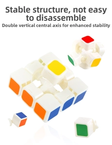 Exploded view of the 3x3 magic cube showing its stable white central axis and plastic parts
