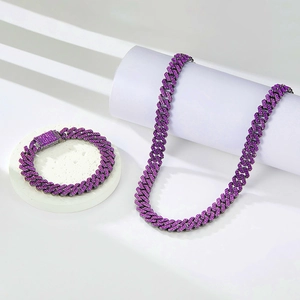 Luxury 12mm purple and black iced out Cuban link chain necklace and bracelet set