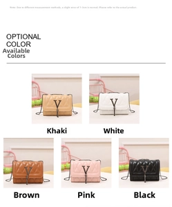 Collage of quilted chain bags in five colors with V-shaped metal logo and tassel detail