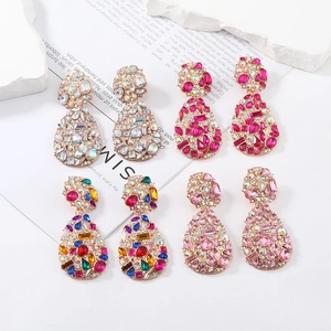Exaggerated Water Drop Clip On Earrings For Women Alloy Colorful Rhinestone Teardrop Dangle Retro Fashion No Piercing