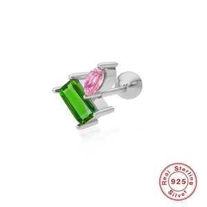 Detailed view of S925 sterling silver stud with green and pink zircon and screw back