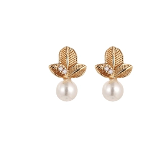 Elegant gold earrings featuring a three-leaf design with zircon and round white pearls