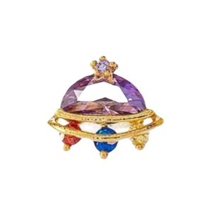 Golden space planet stud earring with purple center stone and colorful crystals