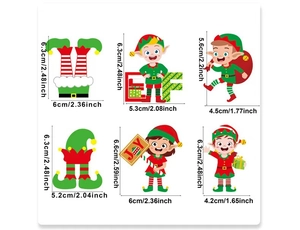 Detailed dimensions of twelve wooden Christmas elf ornaments with sizes in cm and inches