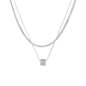 Minimalist silver double layered necklace with herringbone chain and cube pendant charm