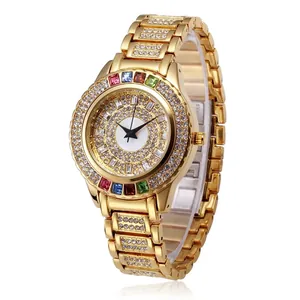 Women Luxury Quartz Watch Full Rhinestone Alloy Metal Strap Waterproof Fashion Elegant Colorful Gemstone Bezel