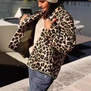 Women's leopard print quilted jacket with army green trim and utility pockets