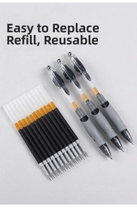 Detail of retractable black gel pens and replacement refills with anti-dry wax tips