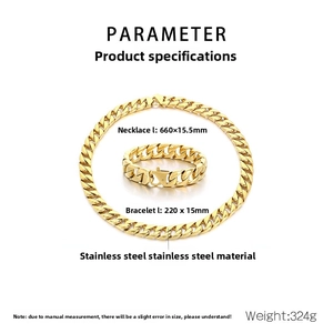 Detailed specs of 15mm golden stainless steel Cuban link chain necklace and bracelet set