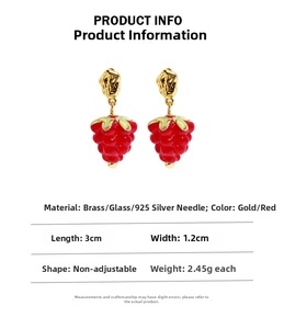 Detail specifications of red glass raspberry earrings with brass and 925 silver needle