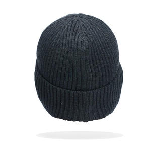 Detailed close-up showing the dark grey knitted rib texture and thick winter beanie material